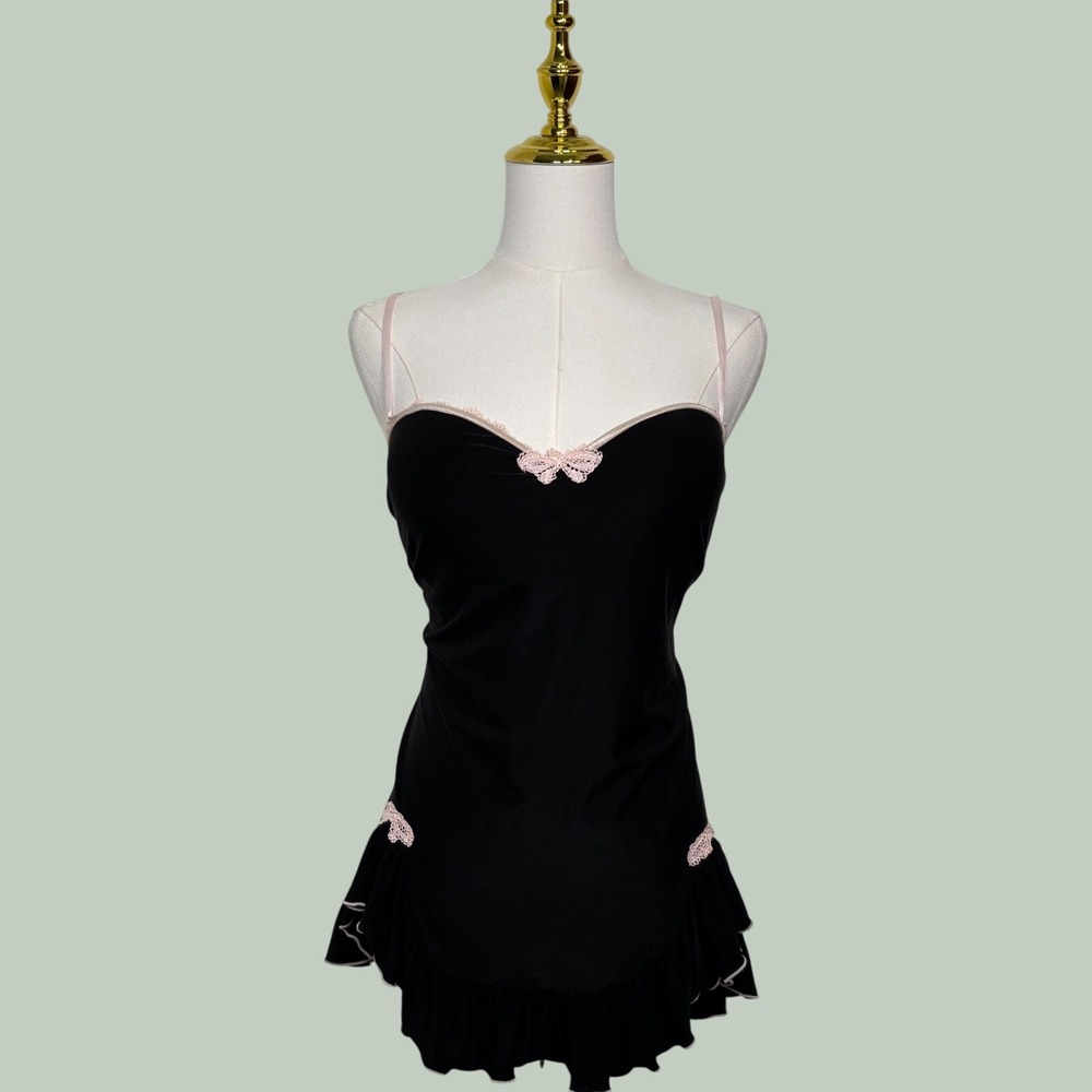 vintage california dynasty black pink babydoll lingerie lace butterfly ruffles